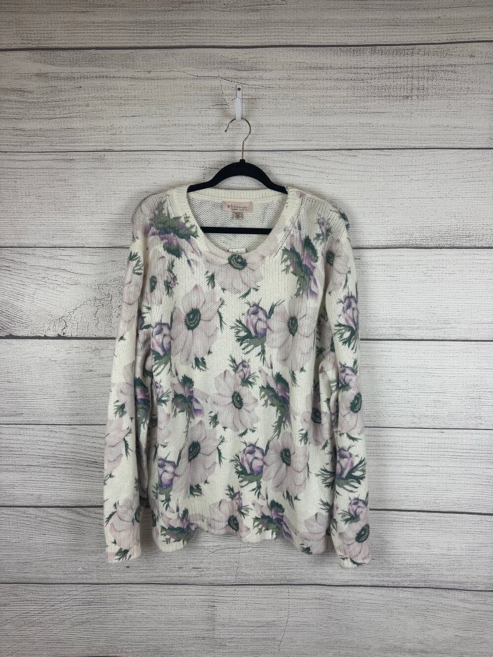 Philosophy Plus Size Cream & Purple Knit Floral Soft Crew Neck Sweater Size 3X